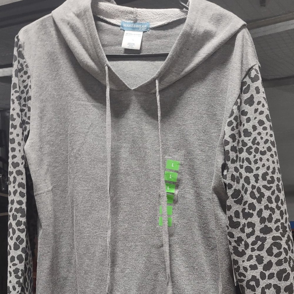 grey pullover hoodie with black leopard spot sleeves from Wake & Wear size Large